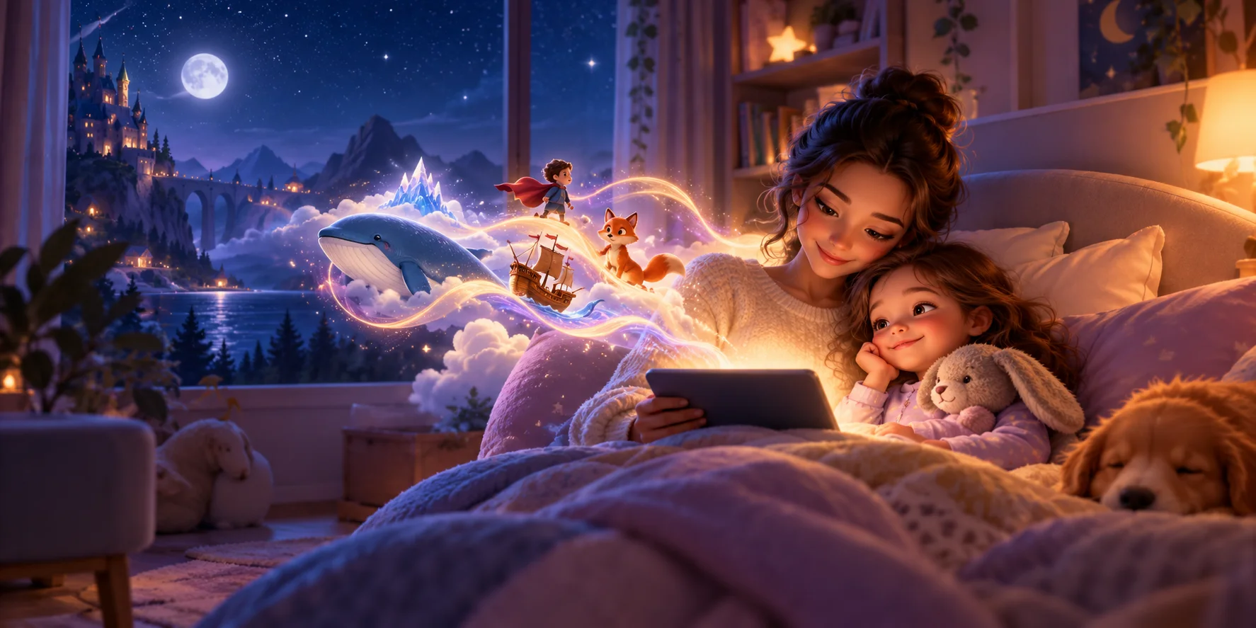 A parent and child sharing a magical bedtime story together